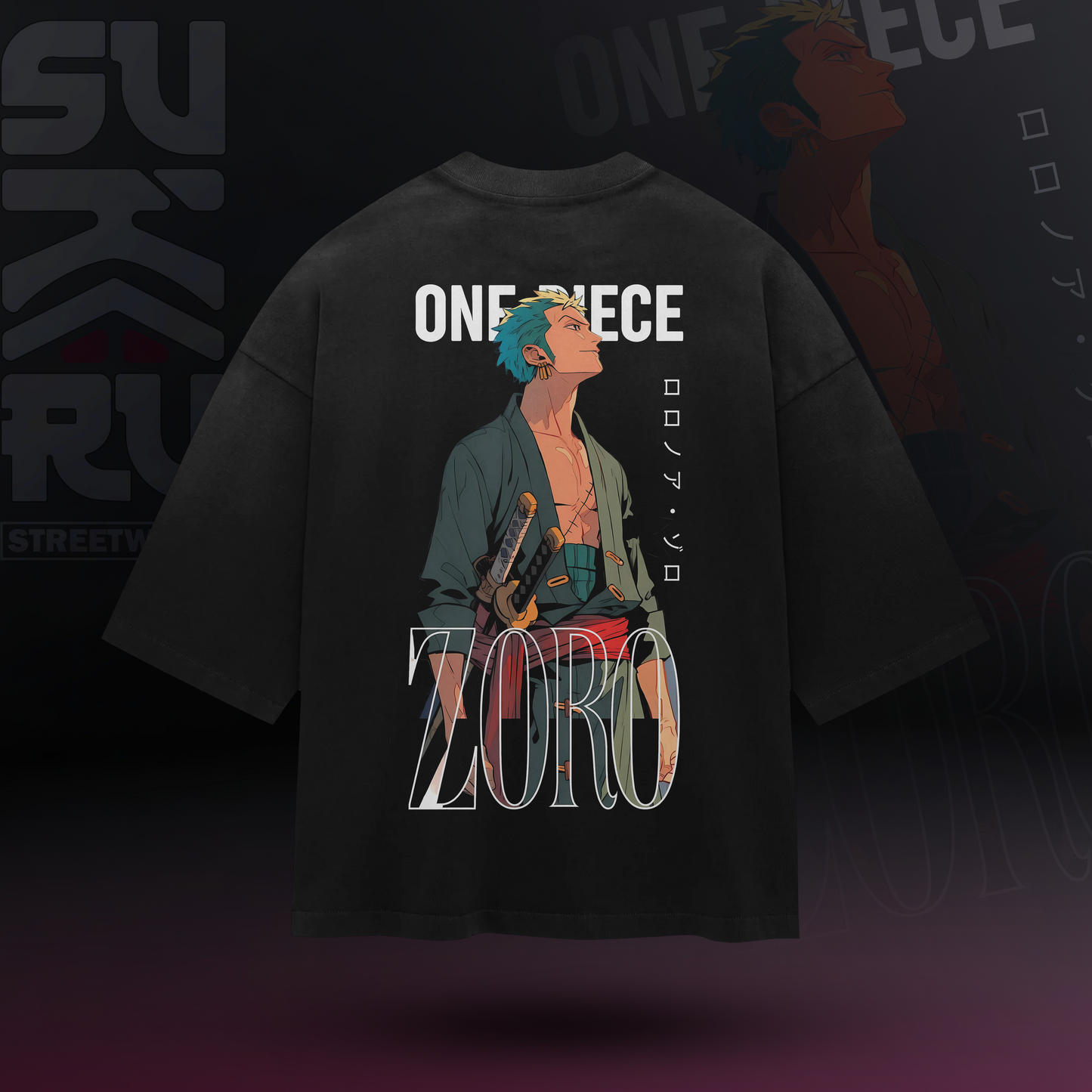 Zoro T-Shirt - One Piece - Oversized Drop Shoulder Baggy Fit - Design 001