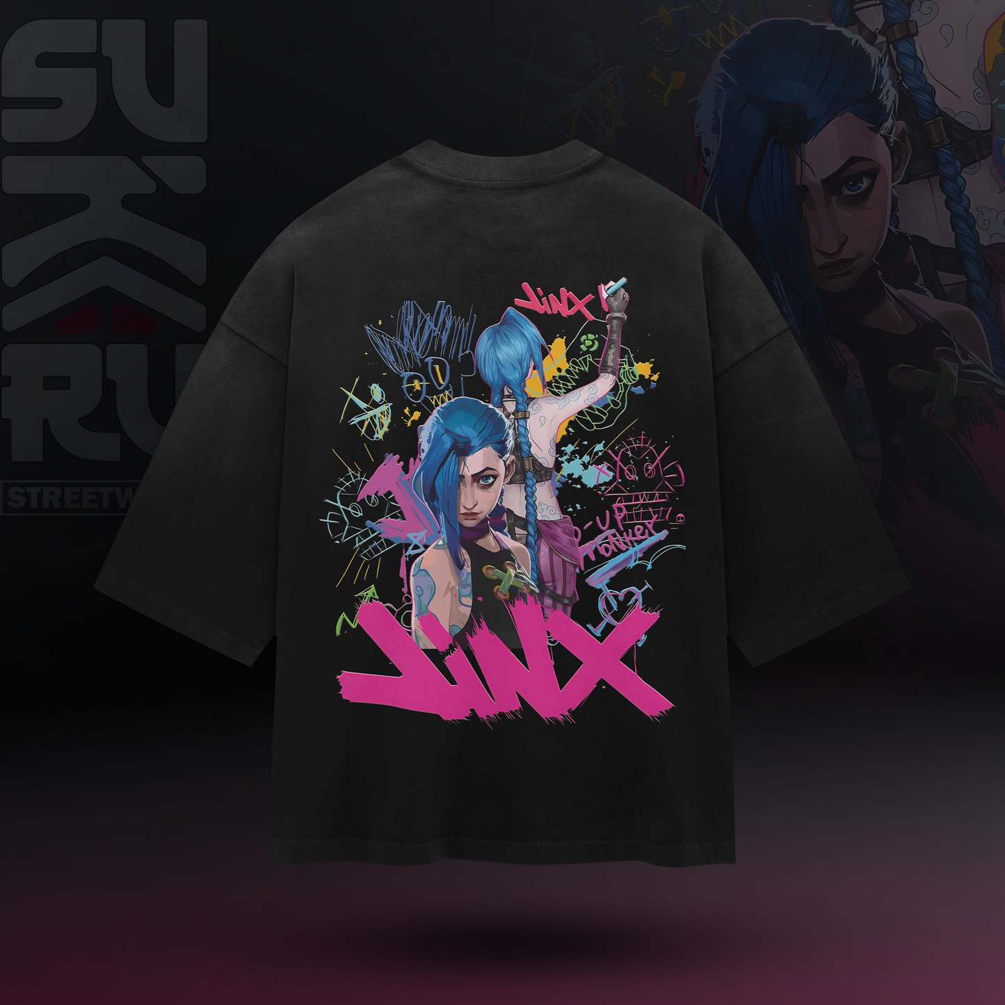 Jinx T-Shirt – Arcane – Oversized Drop Shoulder Baggy Fit – Design 002