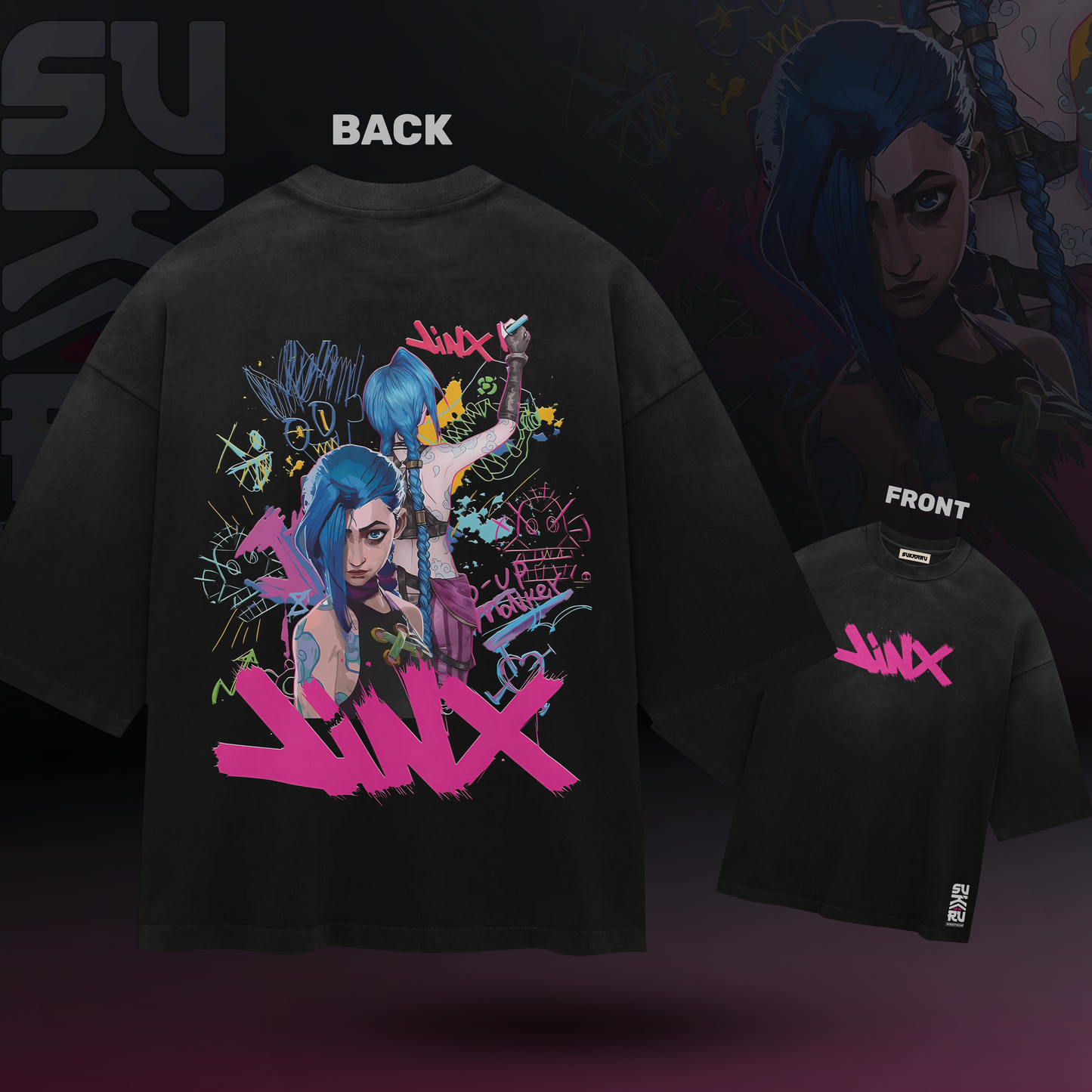 Jinx T-Shirt – Arcane – Oversized Drop Shoulder Baggy Fit – Design 002