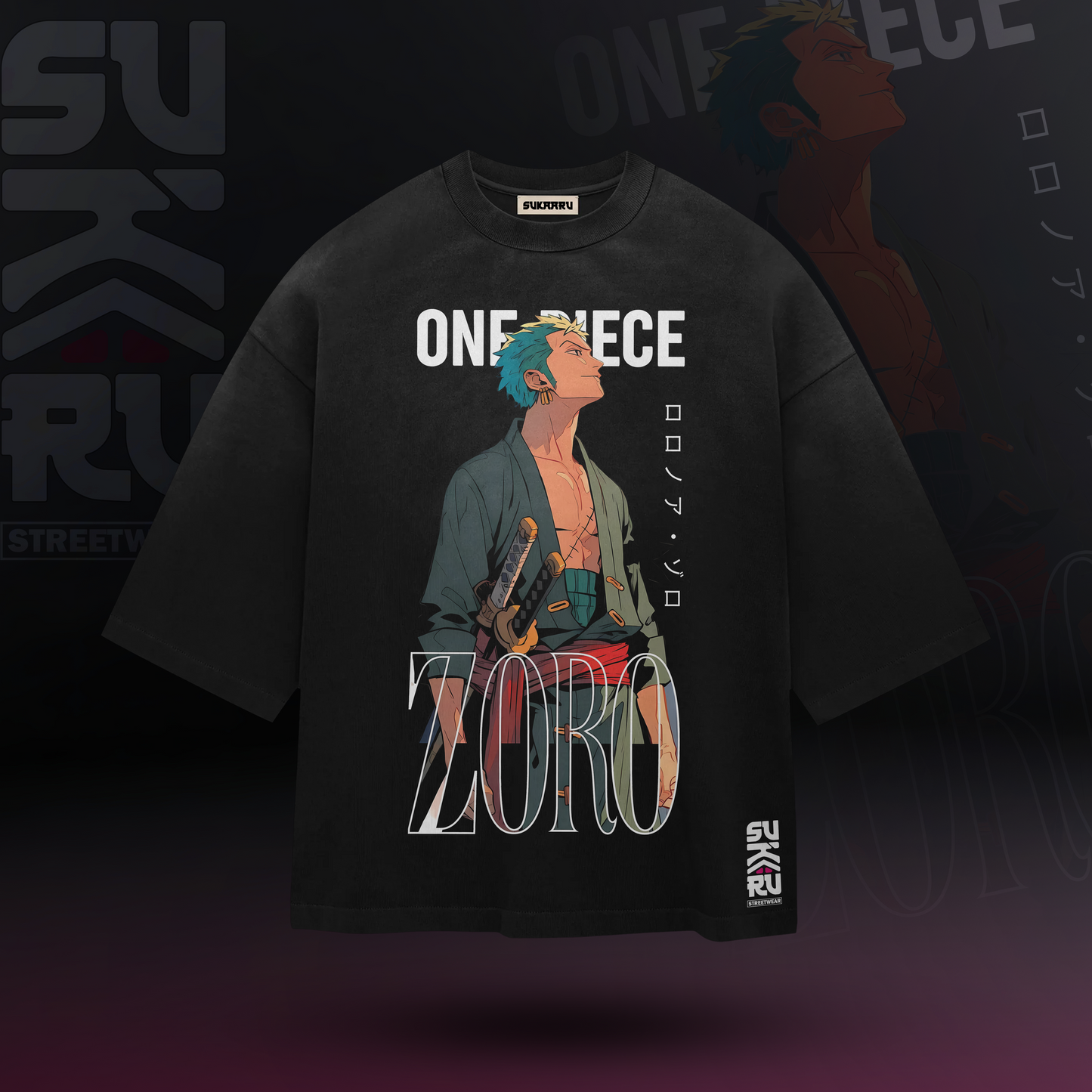Zoro T-Shirt - One Piece - Oversized Drop Shoulder Baggy Fit - Design 001